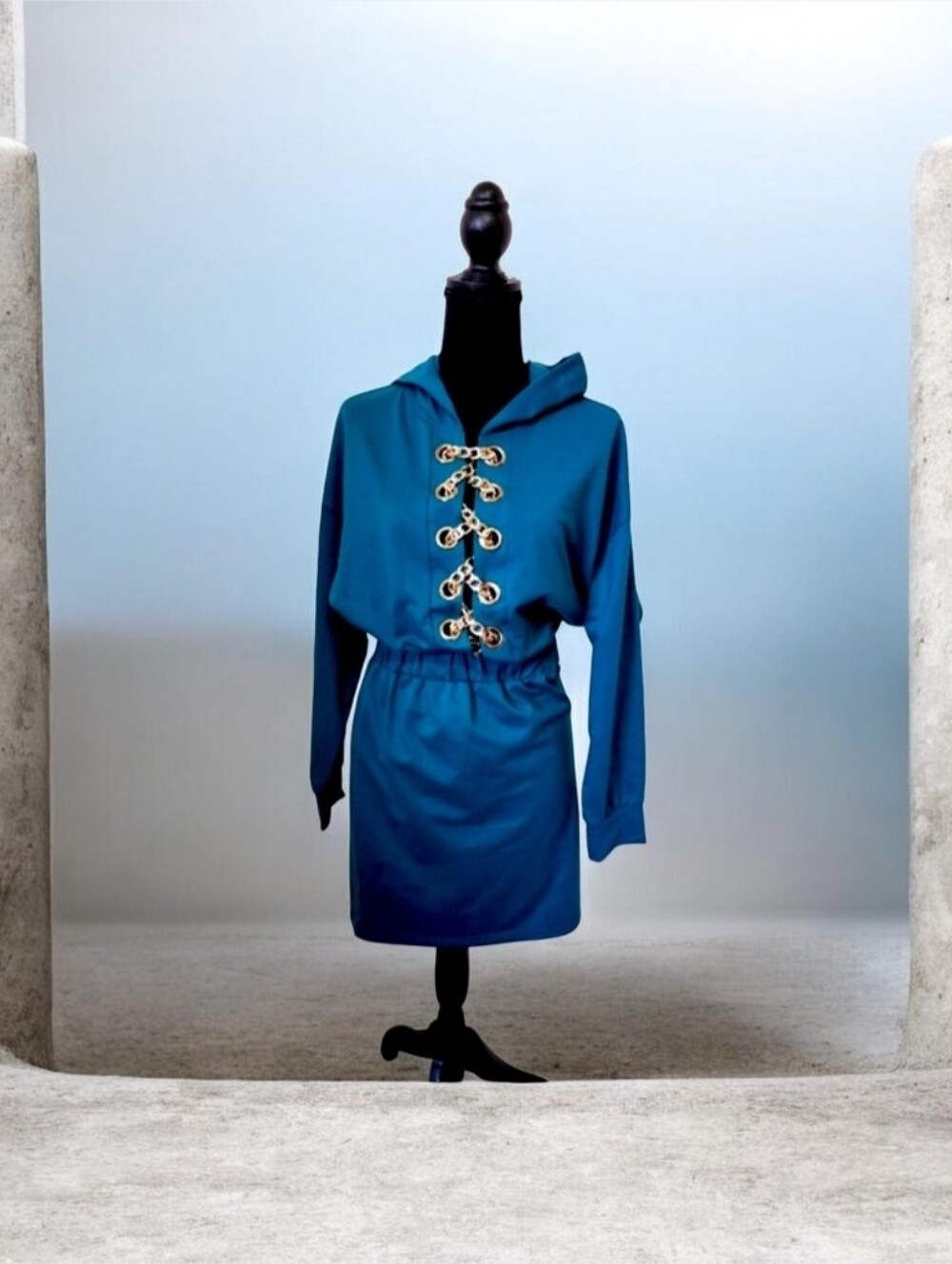 Fashion Nova Teal Knit Hoodie Dress with Gold Chain Detail